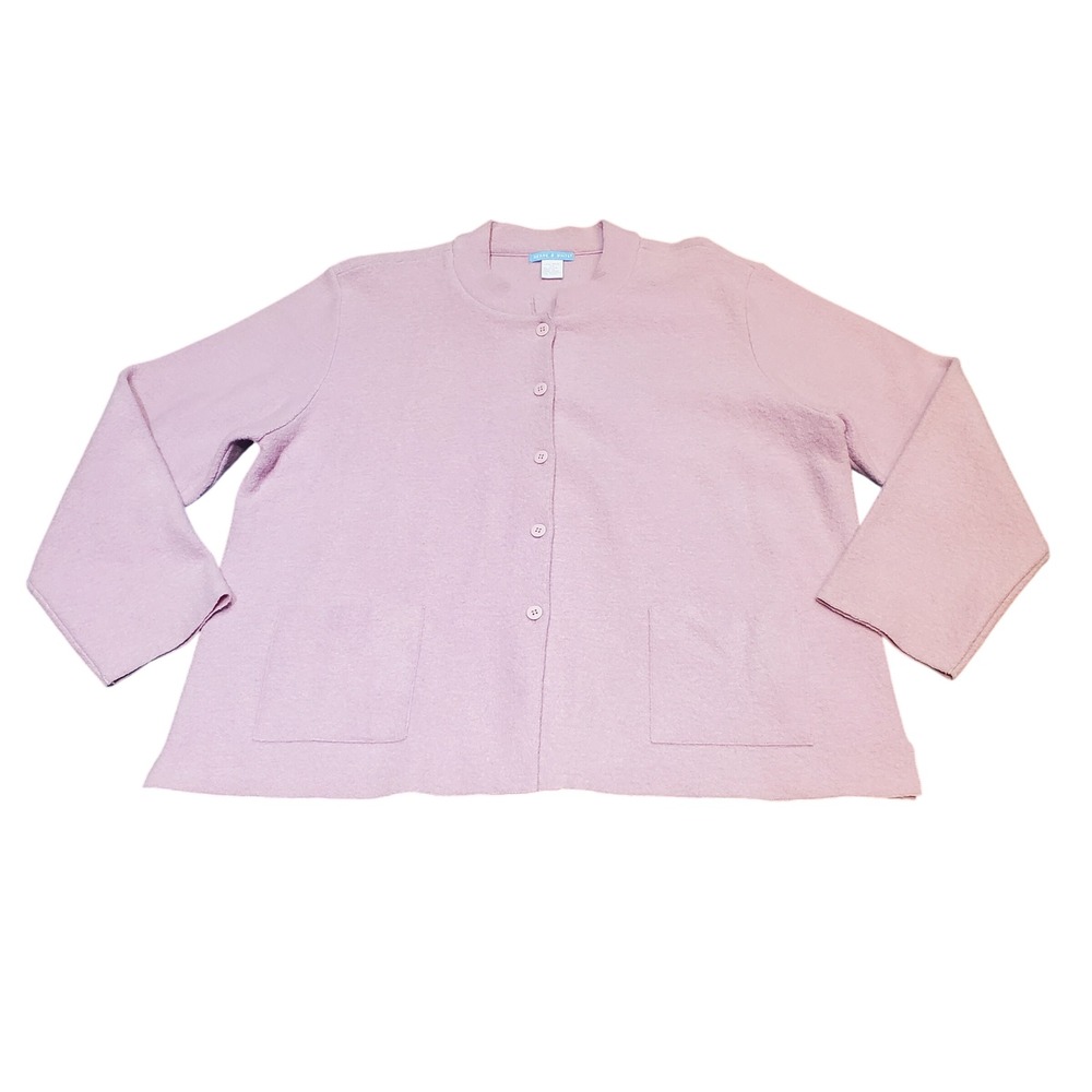 DEANE & WHITE 100% Wool Cardigan Sweater XL Pink Button Front Jacket Pockets VTG